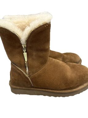 UGG Chestnut Suede Mid-Calf Rhinestone Zipper Boots Bling Y2K Women’s Size 7